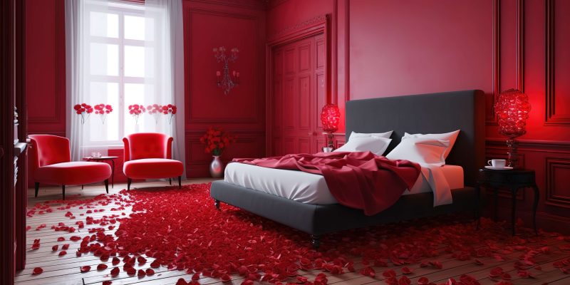 chambre aux murs rouges et sol recouvert de pétales de roses