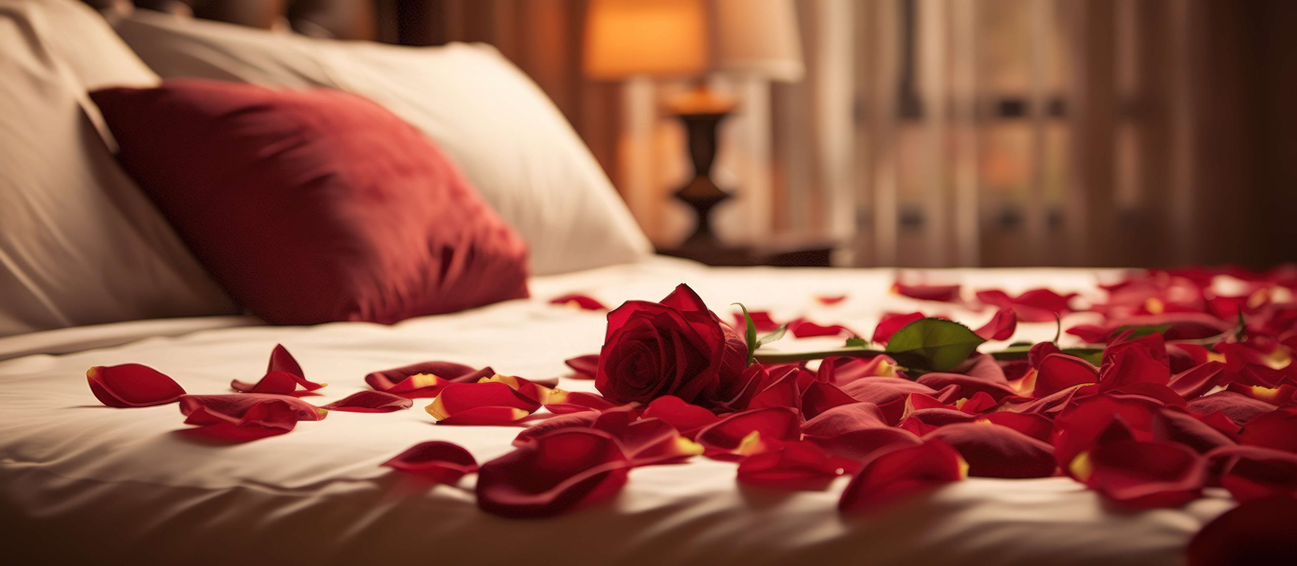 lit de chambre parentale recouvert de pétale de roses et d'une rose rouge